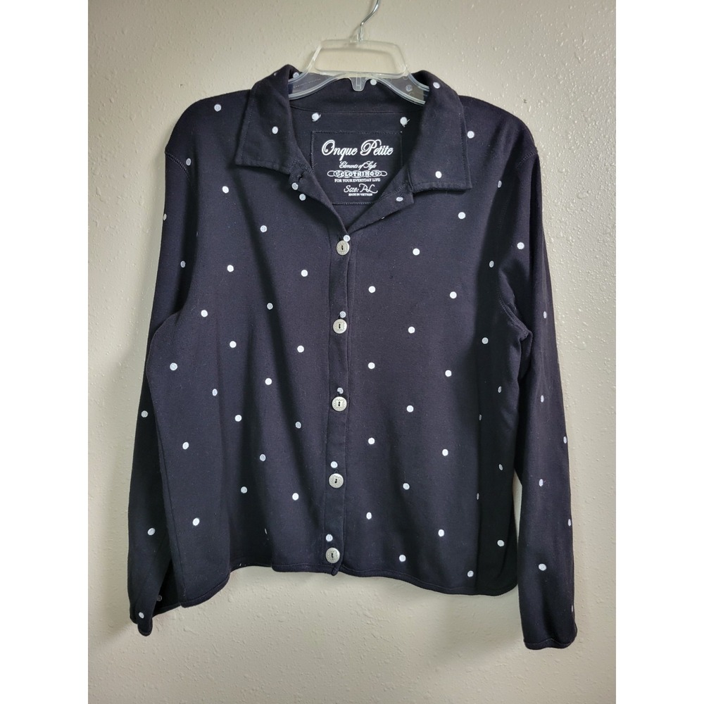 Onque Petite Womens Black White Polka Cardigan‎ Collared Sweater Long Sleeves PL